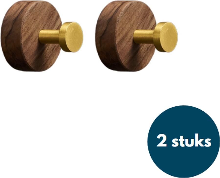 Loods84 Kapstok haken hout Walnoot met goud Wandhaken Wandkapstok Zelfklevende haakjes Plakhaakjes Rond Goud 2 stuks