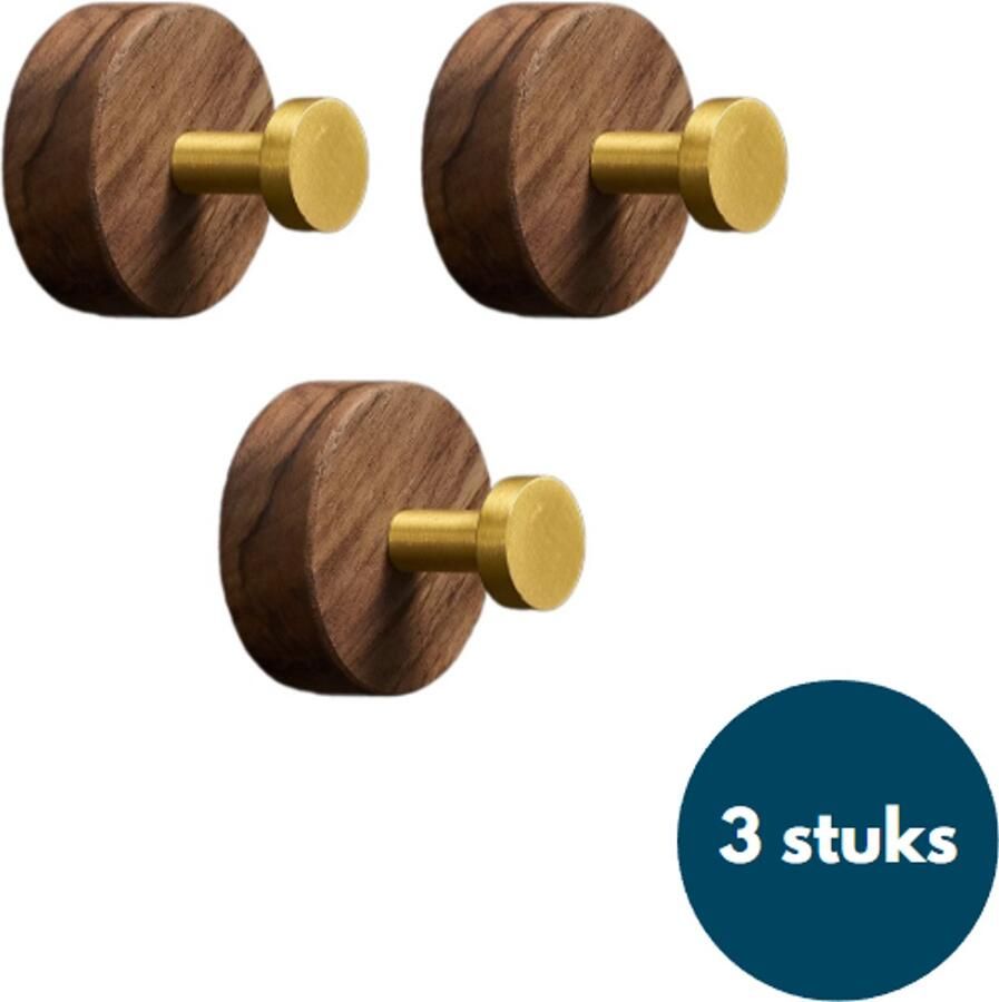 Loods84 Kapstok haken hout Walnoot met goud Wandhaken Wandkapstok Zelfklevende haakjes Plakhaakjes Rond Goud 3 stuks