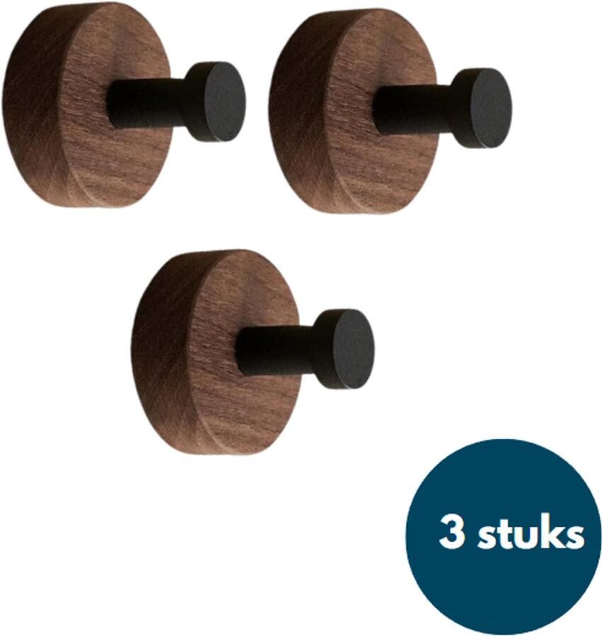 Loods84 Kapstok haken hout Walnoot met zwart Wandhaken Wandkapstok Zelfklevende haakjes Plakhaakjes Rond Zwart 3 stuks