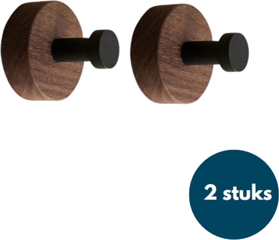 Loods84 Kapstok haken hout Walnoot met zwart Wandhaken Wandkapstok Zelfklevende haakjes Plakhaakjes Rond Zwart 2 stuks