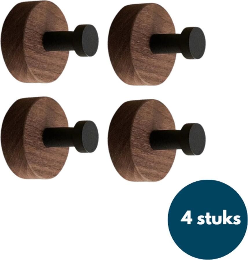 Loods84 Kapstok haken hout Walnoot met zwart Wandhaken Wandkapstok Zelfklevende haakjes Plakhaakjes Rond Zwart 4 stuks