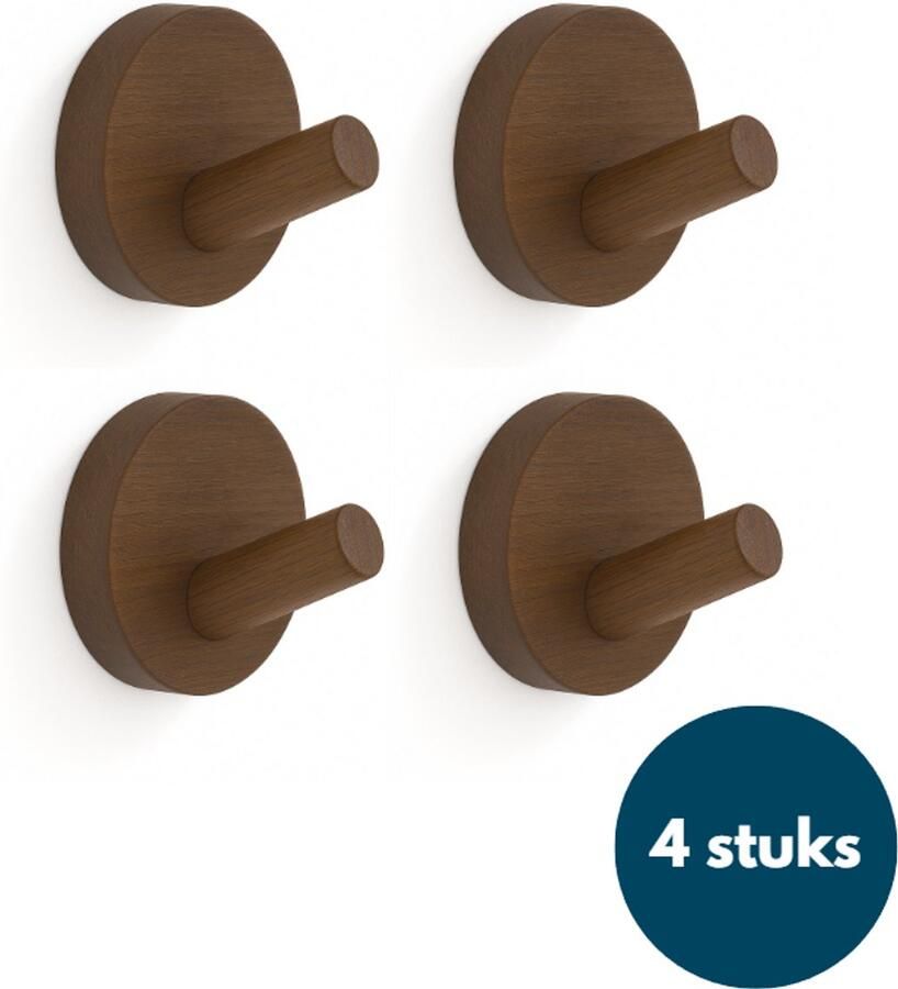 Loods84 Kapstok haken hout Walnoot Wandhaken Wandkapstok Zelfklevende haakjes Plakhaakjes Rond 4 stuks