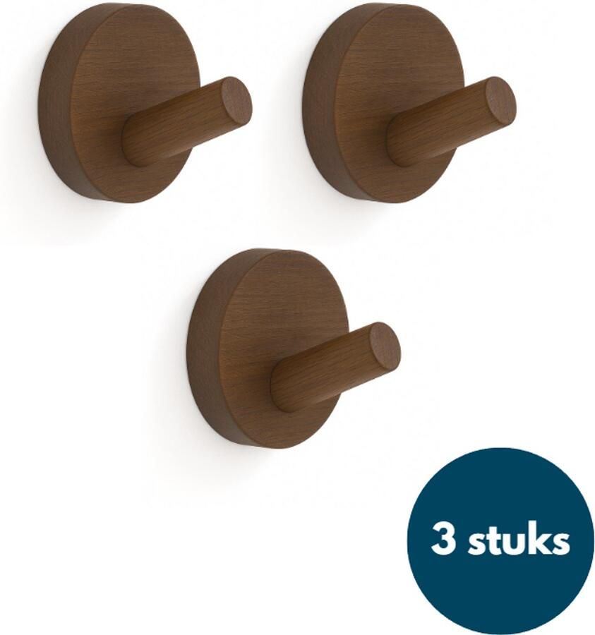 Loods84 Kapstok haken hout Walnoot Wandhaken Wandkapstok Zelfklevende haakjes Plakhaakjes Rond 3 stuks