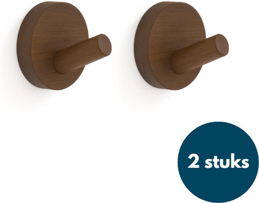 Loods84 Kapstok haken hout Walnoot Wandhaken Wandkapstok Zelfklevende haakjes Plakhaakjes Rond 2 stuks