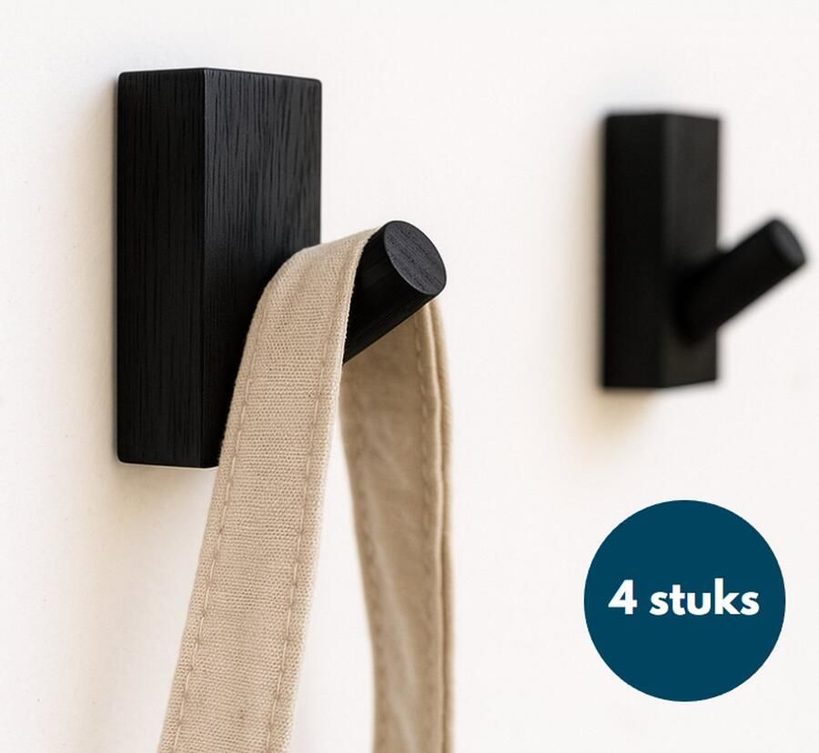 Loods84 Kapstok haken hout Zwart Wandhaken Wandkapstok Zelfklevende haakjes Plakhaakjes 4 stuks