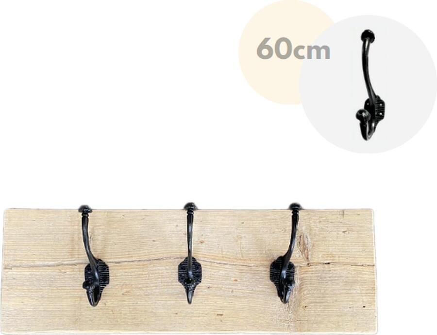 Loods84 Wandkapstok Kapstok 3 haken Wandplank Kapstok dubbele haak zwart gietijzer Steigerhout 60 cm