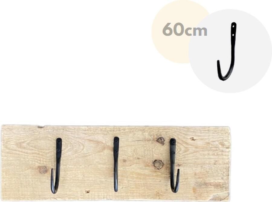 Loods84 Wandkapstok Kapstok 3 haken Wandplank Kapstok haak stoer zwart gietijzer Steigerhout 60 cm