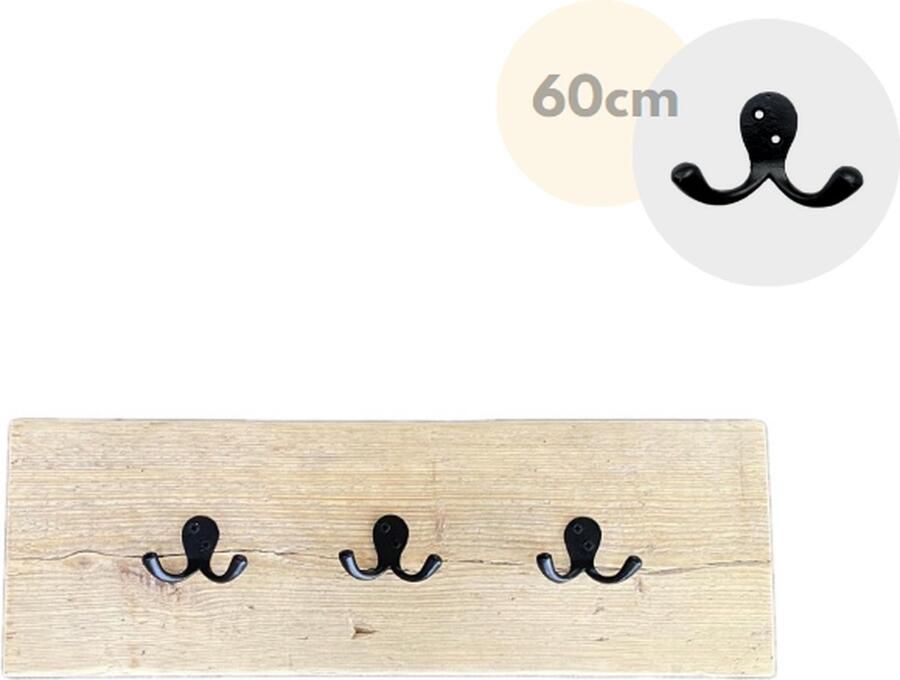 Loods84 Wandkapstok Kapstok 3 haken Wandplank Kapstok haken zwart gietijzer Steigerhout 60 cm