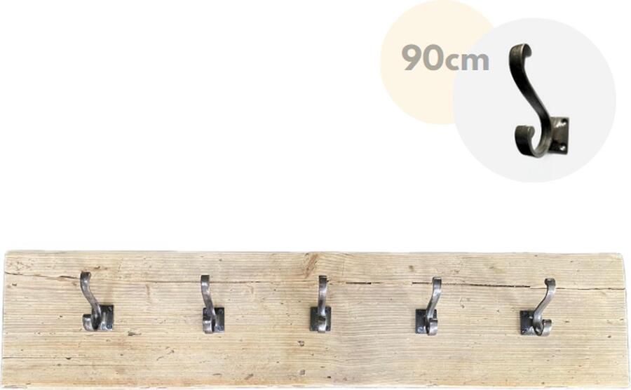 Loods84 Wandkapstok Kapstok 5 haken Wandplank Kapstok dubbele haak gietijzer Steigerhout 90 cm