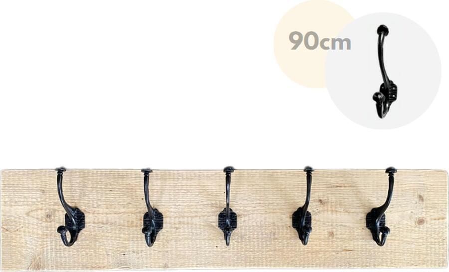 Loods84 Wandkapstok Kapstok 5 haken Wandplank Kapstok dubbele haak zwart gietijzer Steigerhout 90 cm