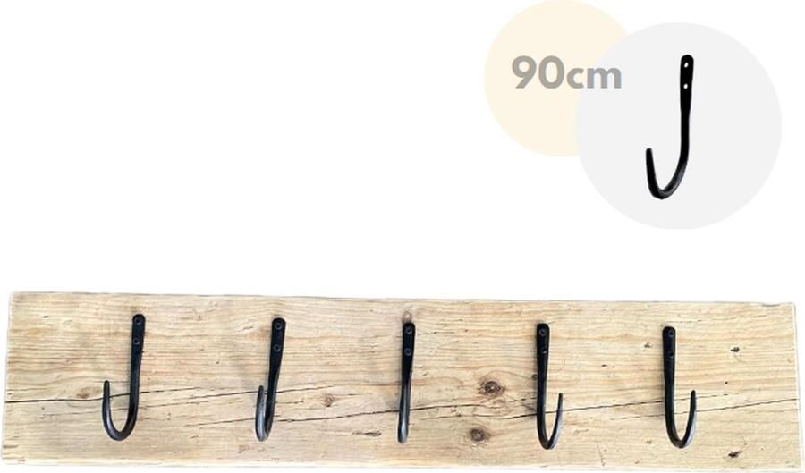 Loods84 Wandkapstok Kapstok 5 haken Wandplank Kapstok haak stoer zwart gietijzer Steigerhout 90 cm
