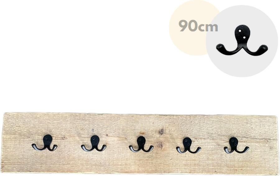Loods84 Wandkapstok Kapstok 5 haken Wandplank Kapstok haken zwart gietijzer Steigerhout 90 cm