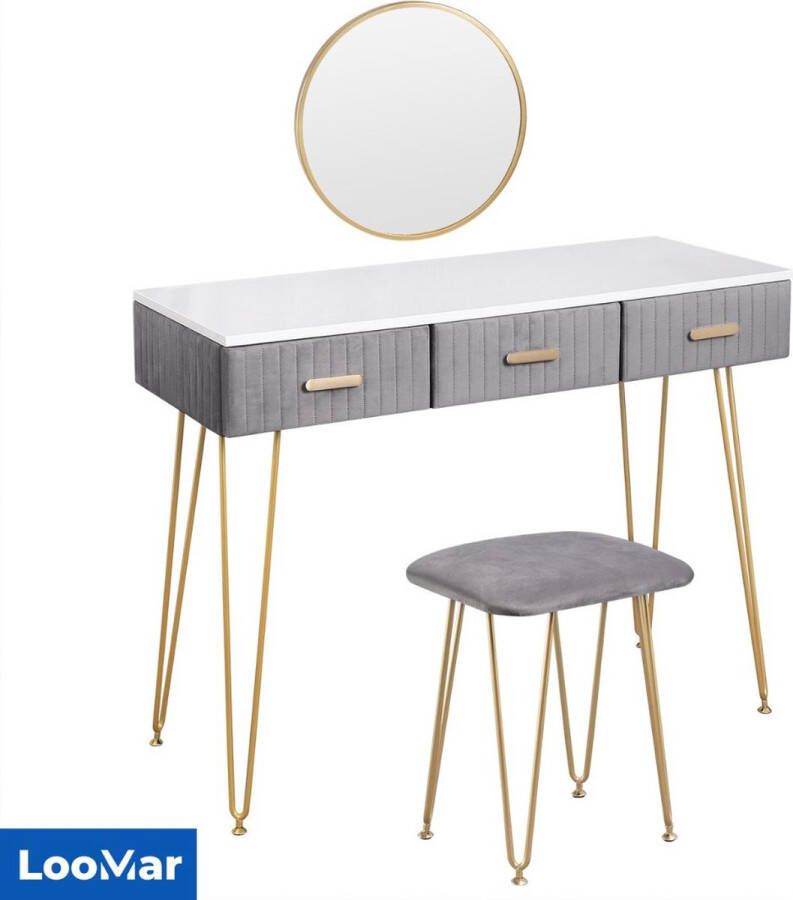 LooMar Kaptafel met spiegel Schminktafel Make up tafel Make up tafel met spiegel Grijs Goud