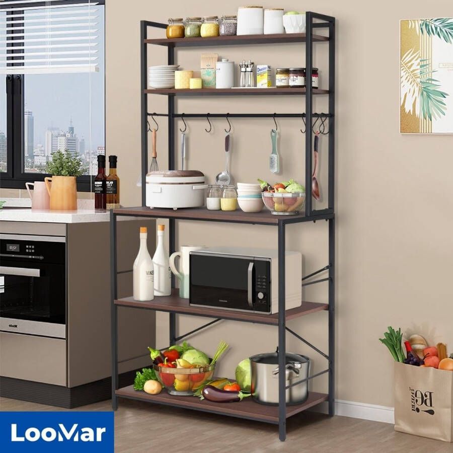 LooMar Keukenrek Open kast Opbergkast Wandrek Industrieel Keukenkast Wandkast – Zwart Metaal Hout