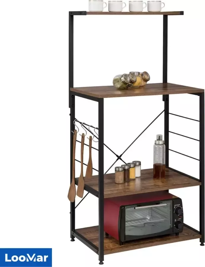 LooMar Keukenrek Open kast Opbergkast Wandrek Industrieel Keukenkast Wandkast – Zwart Metaal Hout