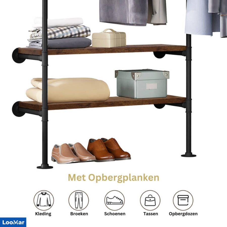 LooMar Kledingrek Kledingkast Kledingkasten slaapkamer schoenenkast – Schoenenrek garderobekast – MDF Metaal Bruin Zwart