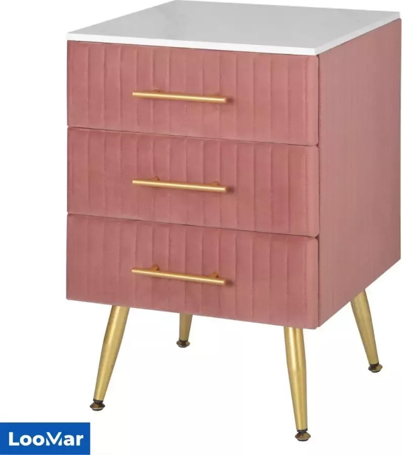 LooMar Luxe Nachtkastje Bijzetkast voor slaapkamer roze Met Drie Lades Gouden Details