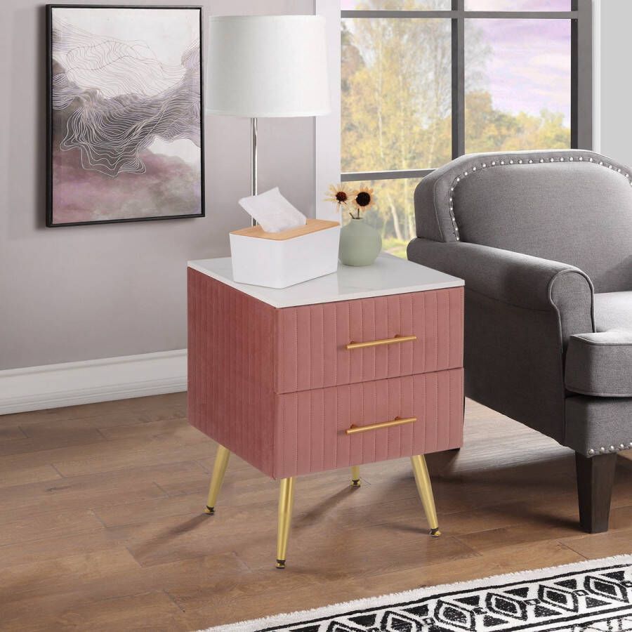 LooMar Luxe Nachtkastje Bijzetkast voor slaapkamer Roze Met Twee Lades Gouden Details