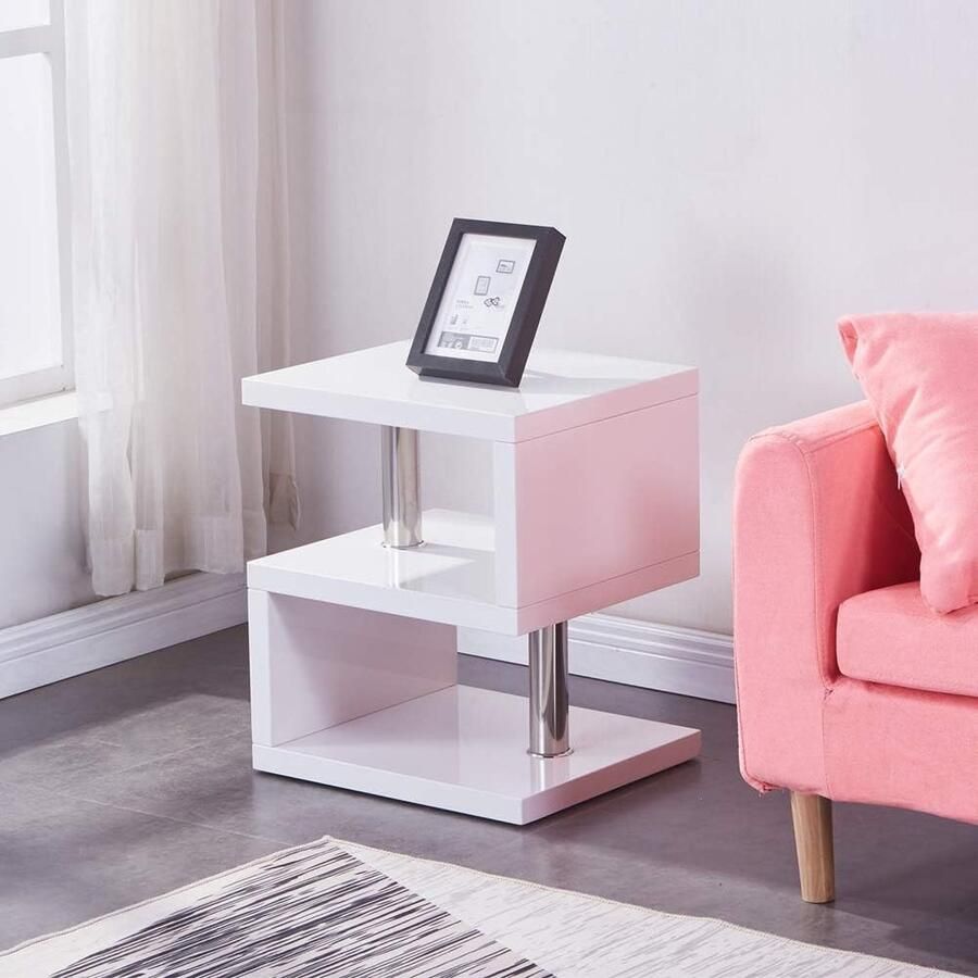 Loos merk Hoogglans Salontafels Houten S-vorm Bijzettafel 2 Tier Opbergplanken Sofa End Nachtkastjes voor Woonkamer Kantoor (44x38x52cm Wit)