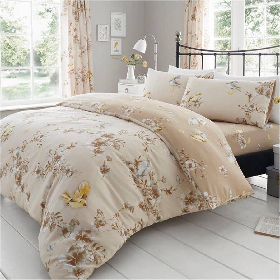 Loos merk Luxe BIRDIE BLOSSOM Bed Set met Dekbedovertrek en kussensloop Polyester-katoen natuurlijk dubbel (200 x 200 cm)