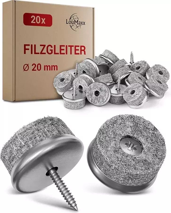 LouMaxx Stoelvilt schroeven set van 20 rond Ø 20 mm grijs stoelglijders met 6 mm dik vilt en metalen rand viltglijders met schroef premium vloerbeschermers voor stoelen en meubels