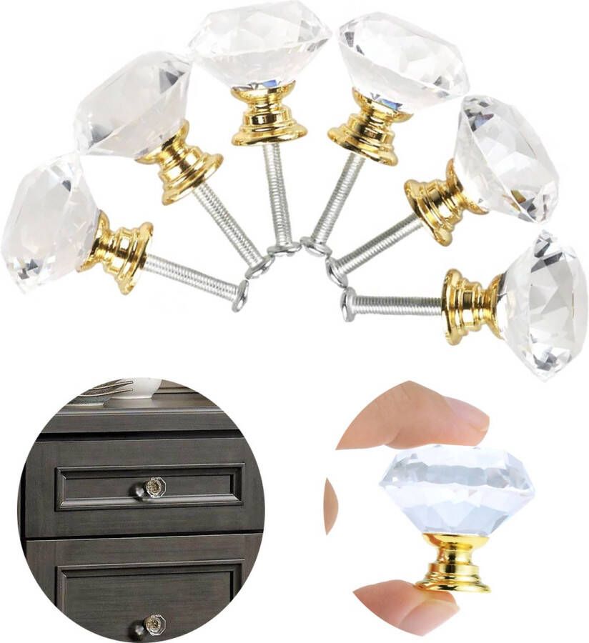 LOUZIR 6 Stuks Diamant Deurknop Glas Glazen Kristal Deur Knop Cabinet Knobs Golden Doorknob Furniture Knob