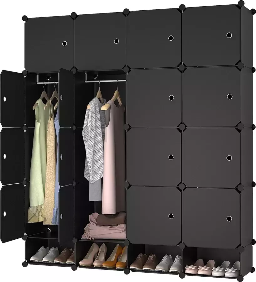 Lowander 4x5 vakkenkast 'Bari' zwart 150x165 cm kunststof kledingkast met hangruimte roomdivider afsluitbaar