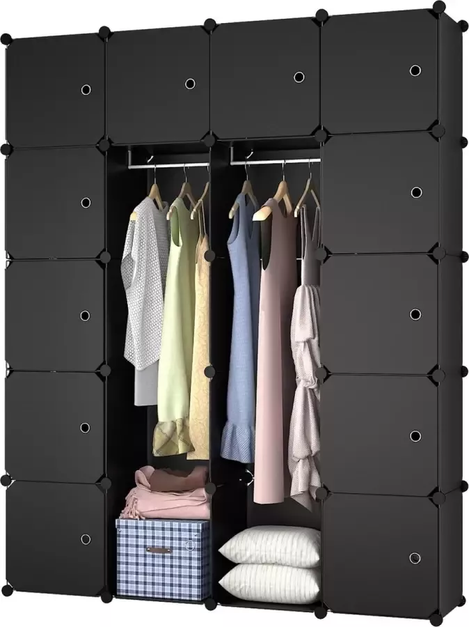 Lowander 4x5 vakkenkast 'Brescia' zwart 180x140 cm kunststof kledingkast met hangruimte roomdivider afsluitbaar
