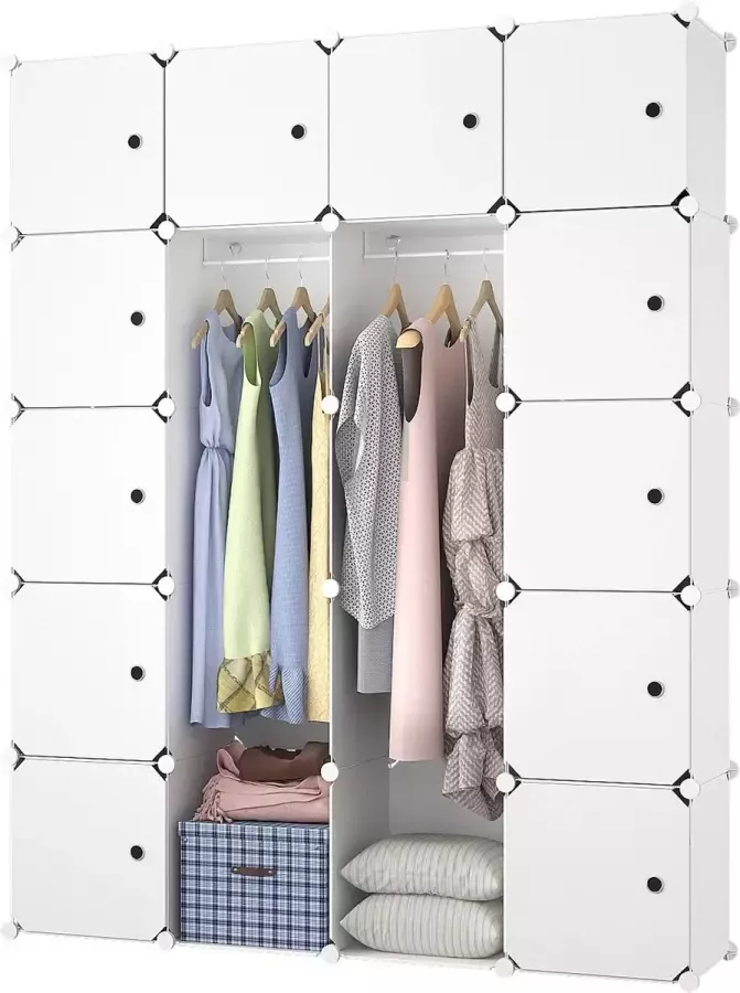 Lowander 4x5 vakkenkast 'Parma' wit 180x140 cm kunststof kledingkast met hangruimte roomdivider afsluitbaar