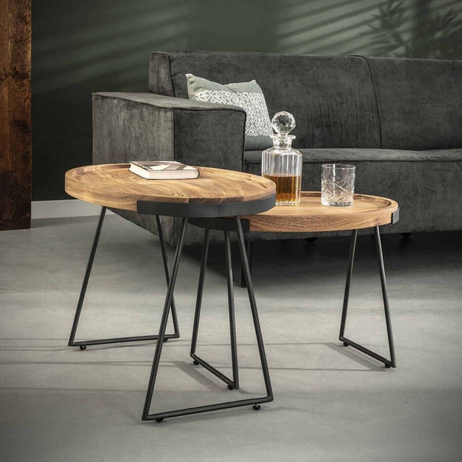 Luce home Bijzettafel ovaal set van 2 bruin zwart hout 66 x 48 cm woonkamer modern sfeervol design