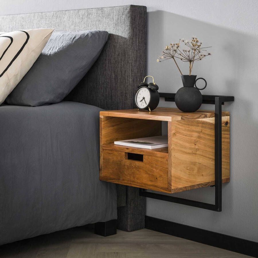 Luce home Massief acacia nachtkastje Air solid 1 lade & open vak 44x35x45 cm natuurlijk design slaapkamer modern en stijlvol
