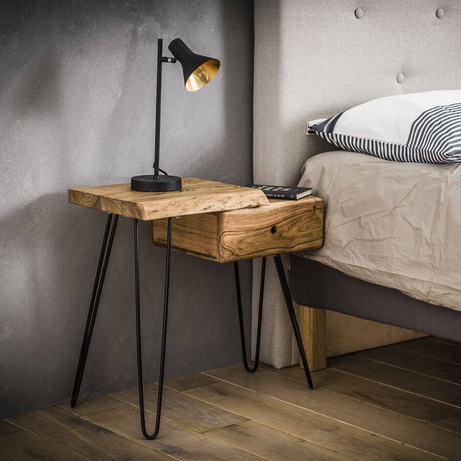 Luce home Nachtkastje Edge links met 1 lade massief acacia naturel 60x32x59 cm modern design slaapkamer stijlvol en praktisch