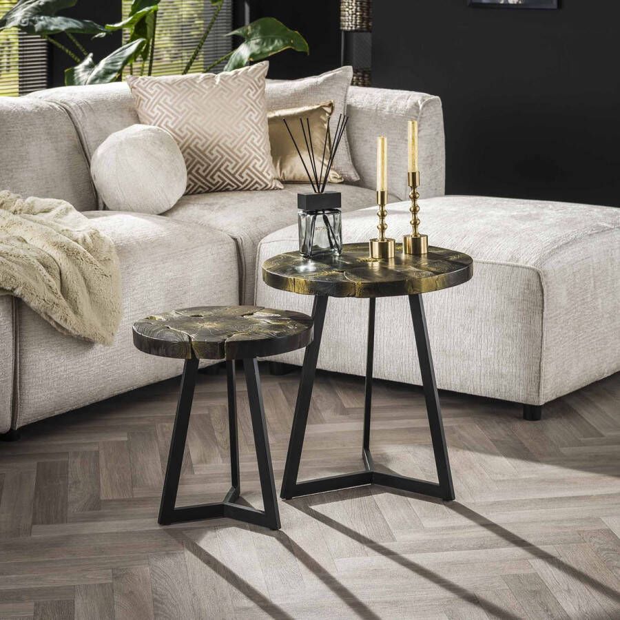 Luce home Ronde salontafel set van 2 black & gold teak Ø 50 cm 54 cm hoog zwart met goud woonkamer stijlvol en modern design