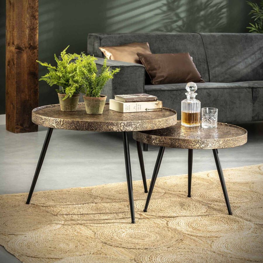 Luce home Salontafel set van 2 met opstaande rand rond Metallic brons antiek 74x74x50 cm modern & elegant design woonkamer