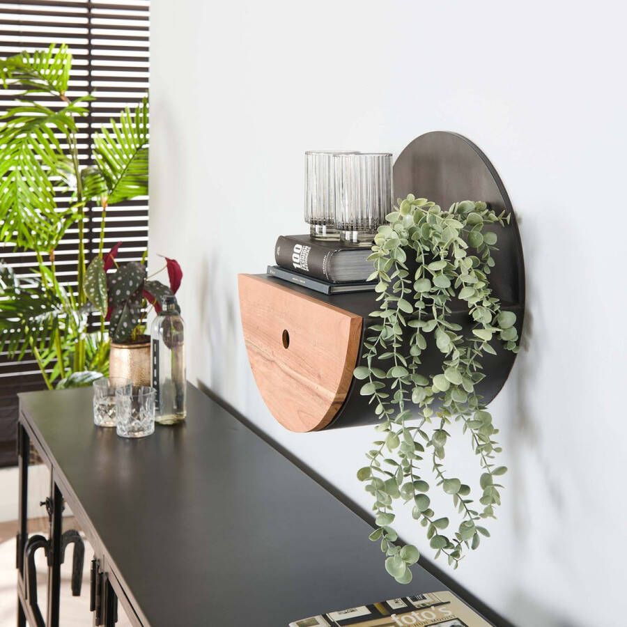 Luce VELO Wandschap Half Moon met 1 lade massief acacia naturel Ø 40 cm 25x40 cm zwevend ruimtebesparend ontwerp woonkamer slaapkamer hal