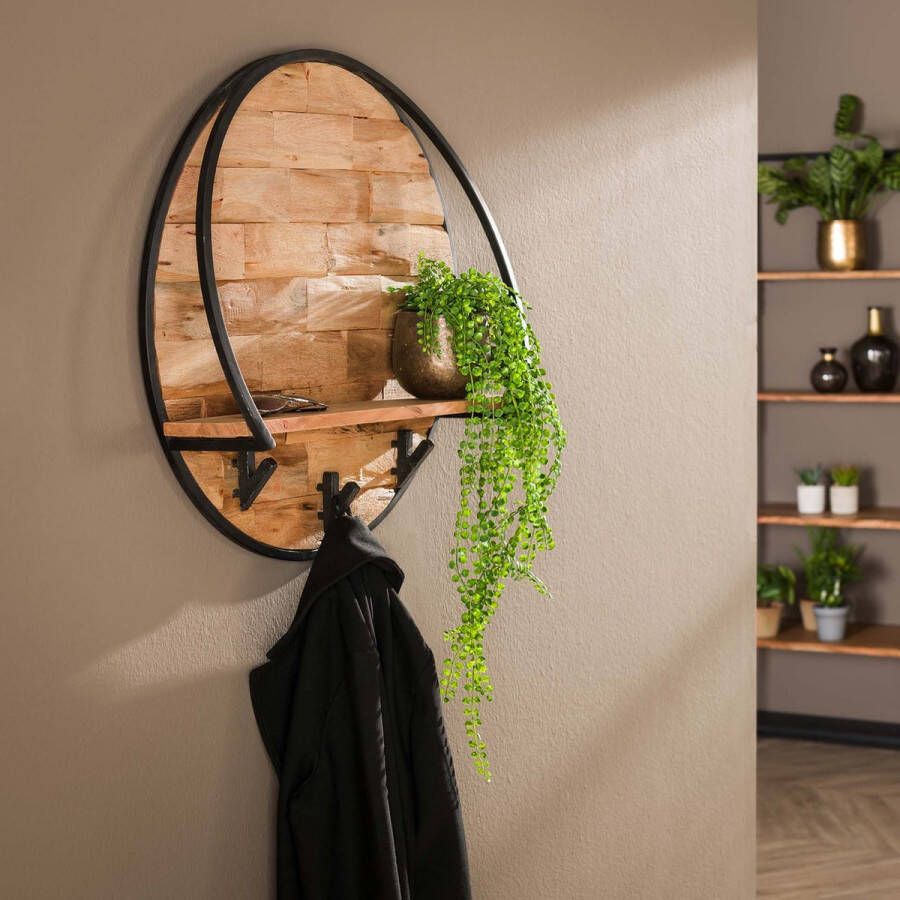 Luce VELO Wandschap kapstok Mill Ø 60 cm 15 cm diep massief acacia gezandstraald ronde wandplank met haken modern natuurlijk design hal entree