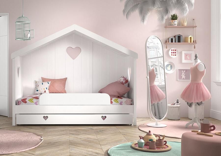 LUCEVI Amori 91 Huisbed Met Rug + Lattenbodem + Rolbed + Uitvalbeveiliging Wit 90x200 cm