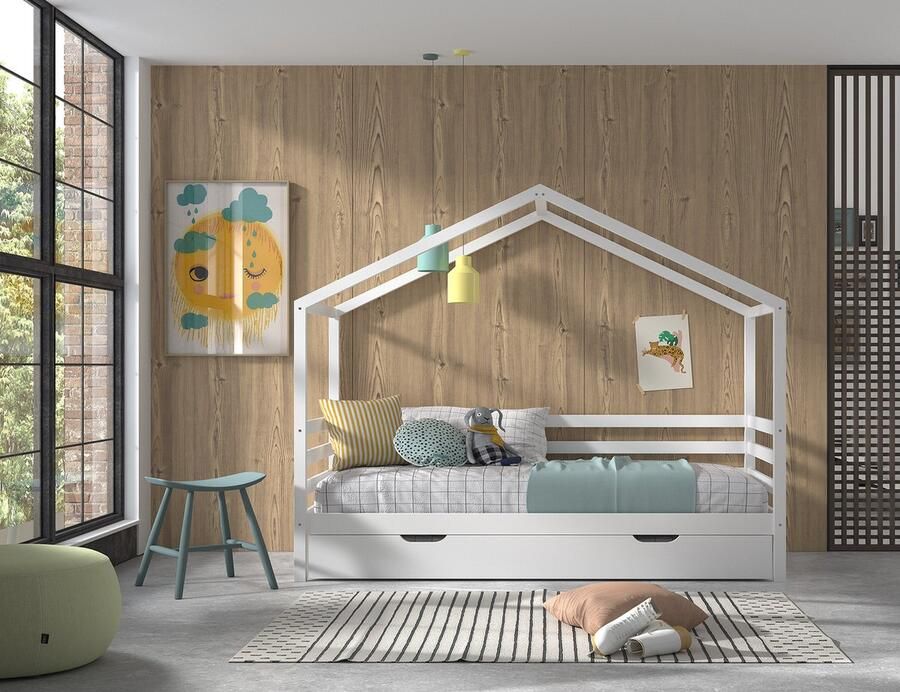 LUCEVI Huisbed 90x200cm en rolbed Hout Wit 210x96x170cm