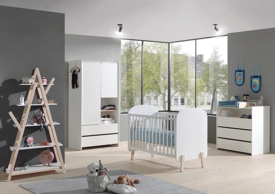 LUCEVI Kiddy Babybed 60x120 cm + Commode 3 Laden + 2 Deurs Kleerkast + Boekenkast Wit
