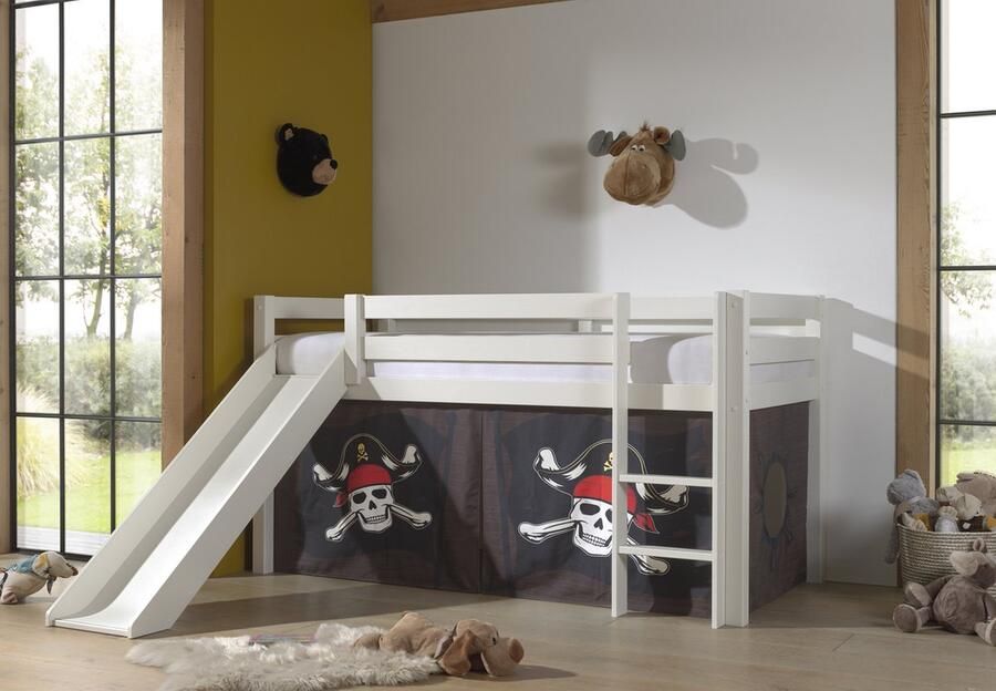 LUCEVI Pino Halfhoogslaper H115CM + Ladder + Glijbaan + Caribian Pirates Gordijntjes Wit 90x200 cm