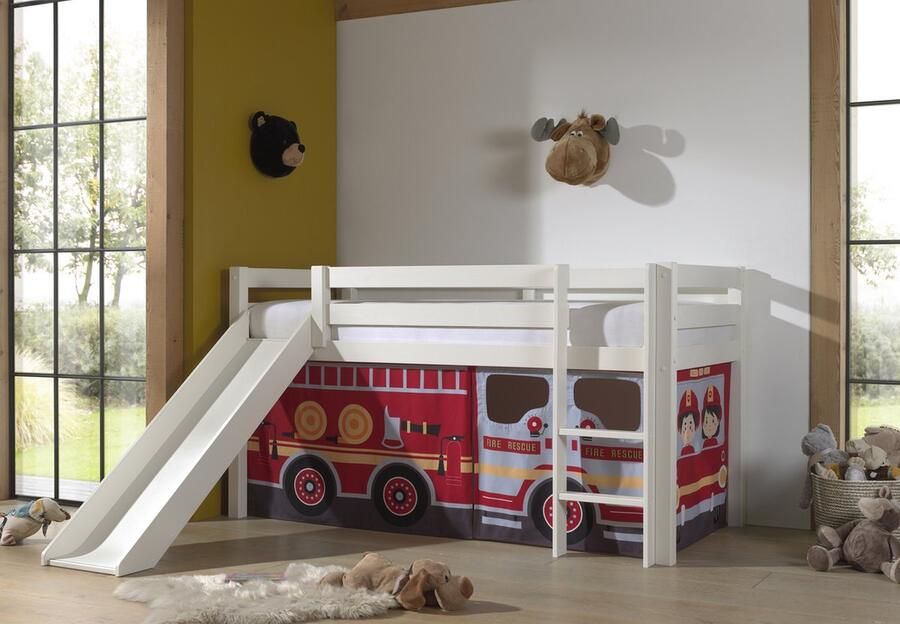 LUCEVI Pino Halfhoogslaper H115CM + Ladder + Glijbaan + Fire Truck Gordijntjes Wit 90x200 cm