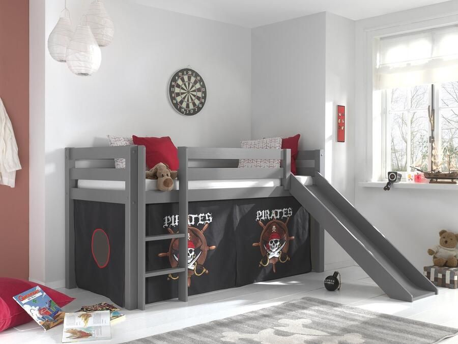 LUCEVI Pino Halfhoogslaper H115CM + Ladder + Glijbaan + Pirates Gordijntjes Grijs 90x200 cm