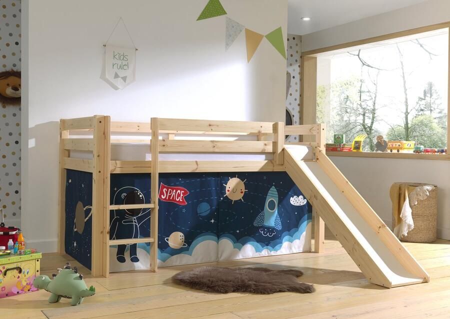 LUCEVI Pino Halfhoogslaper H115CM + Ladder + Glijbaan + Space Shuttle Gordijntjes Bruin 90x200 cm