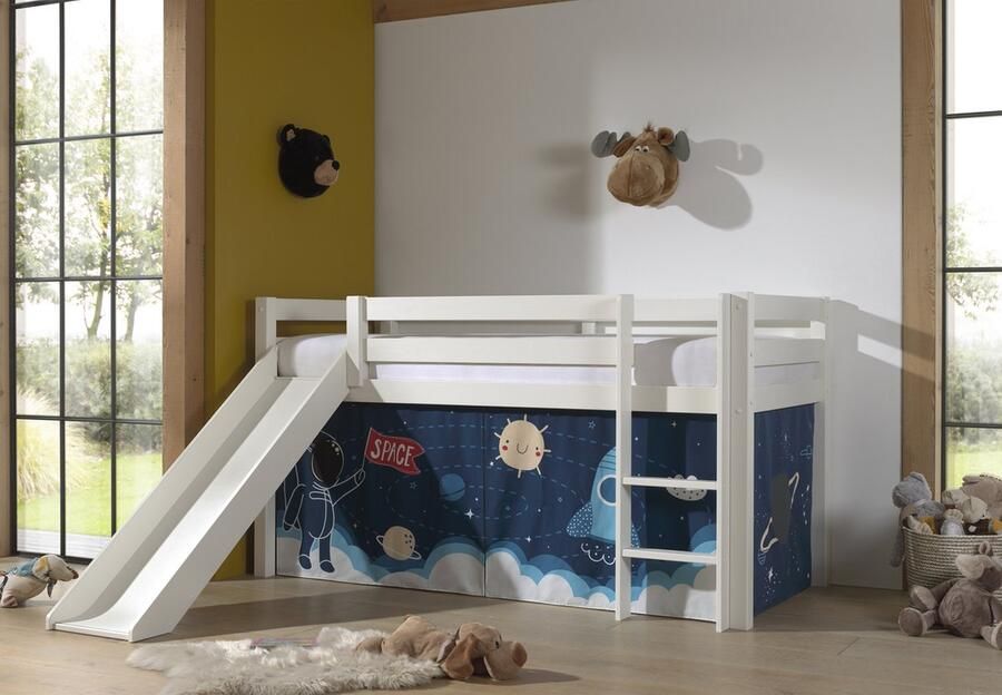 LUCEVI Pino Halfhoogslaper H115CM + Ladder + Glijbaan + Space Shuttle Gordijntjes Wit 90x200 cm