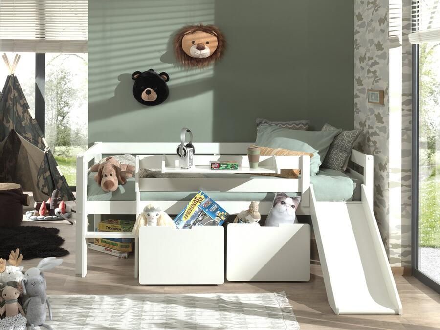 LUCEVI Pino Halfhoogslaper H85CM + Glijbaan + Ladder + Set van 2 Laden + Hangplank Wit 90x200 cm