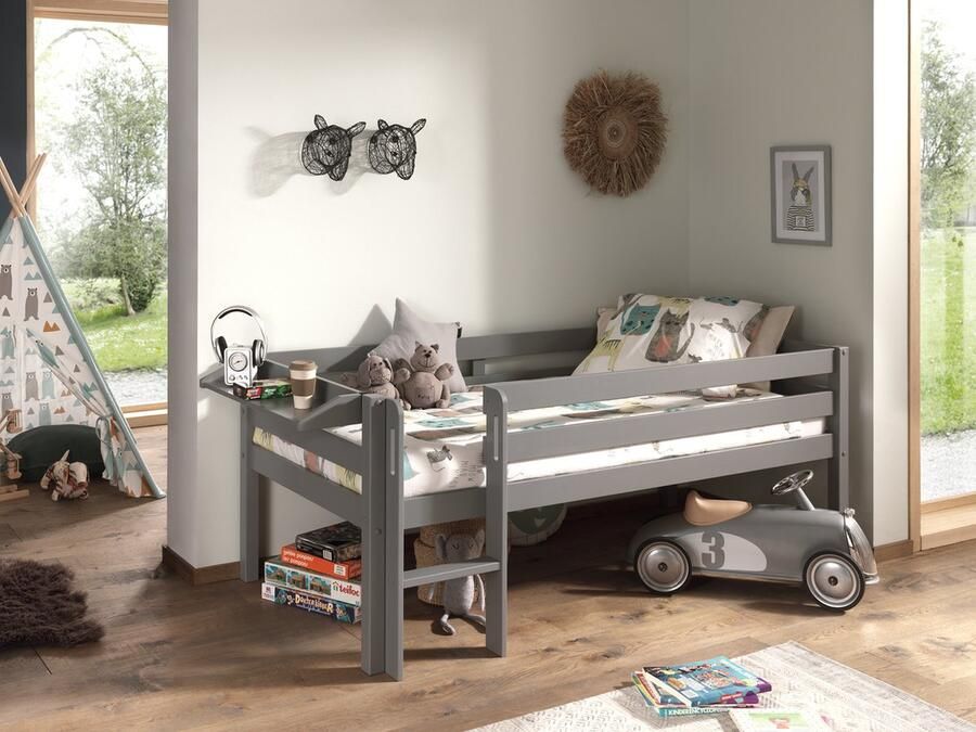 LUCEVI Pino Halfhoogslaper H85CM + Ladder + Hangplank Grijs 90x200 cm