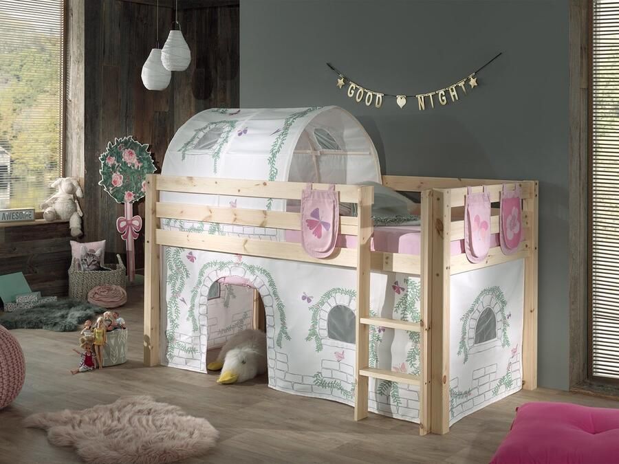 LUCEVI Pino Halfhoogslaper + Ladder + Birdy Gordijntjes + 3 Zakjes + Birdy Tunnel Bruin 90x200 cm