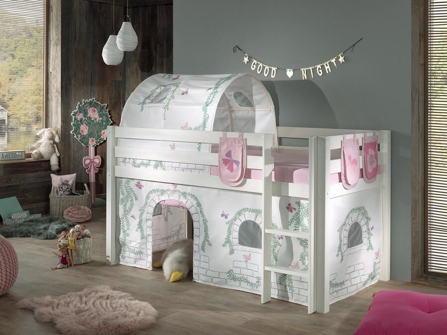 LUCEVI Pino Halfhoogslaper + Ladder + Birdy Gordijntjes + 3 Zakjes + Birdy Tunnel Wit 90x200 cm