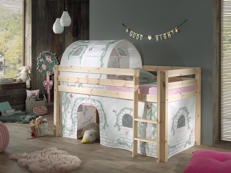 LUCEVI Pino Halfhoogslaper + Ladder + Birdy Gordijntjes + Birdy Tunnel Bruin 90x200 cm