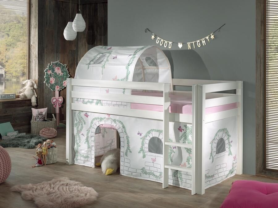 LUCEVI Pino Halfhoogslaper + Ladder + Birdy Gordijntjes + Birdy Tunnel Wit 90x200 cm